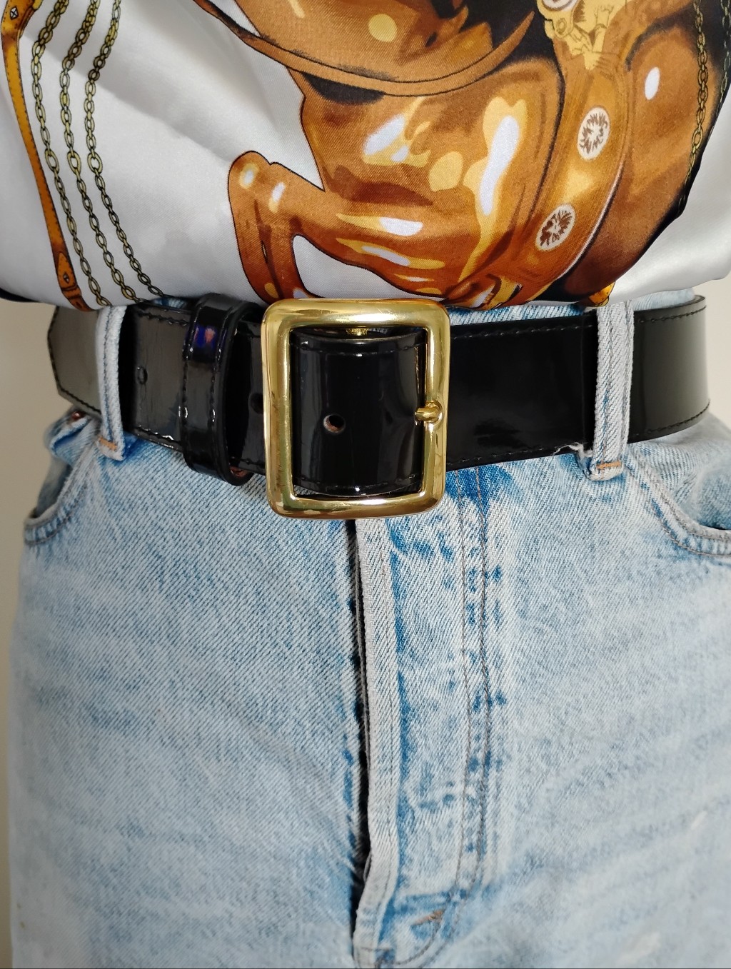 Jay-Pee High Gloss Leather Police Military Belt Black Classic Brass Buckle Sz 34